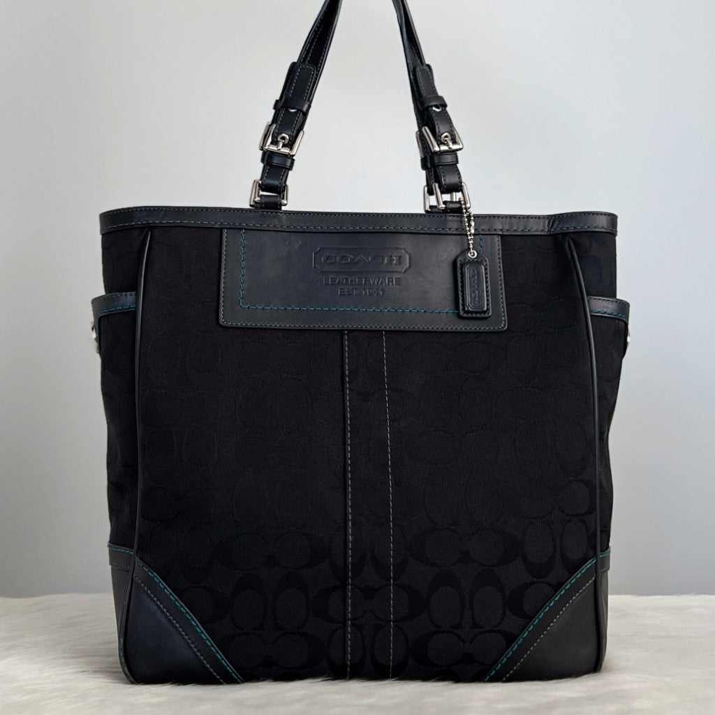 Coach Black Signature Monogram Side Turn Lock Tote Bag