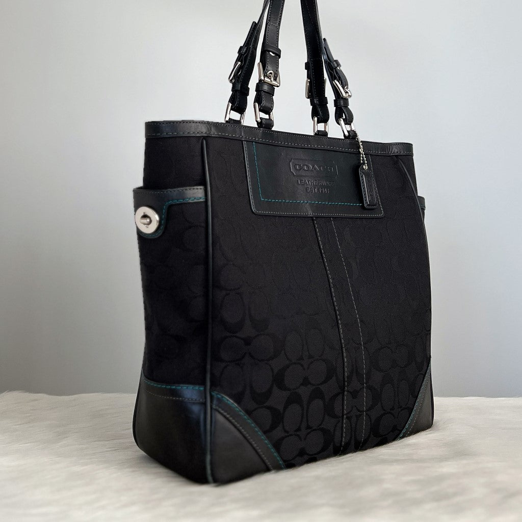 Coach Black Signature Monogram Side Turn Lock Tote Bag