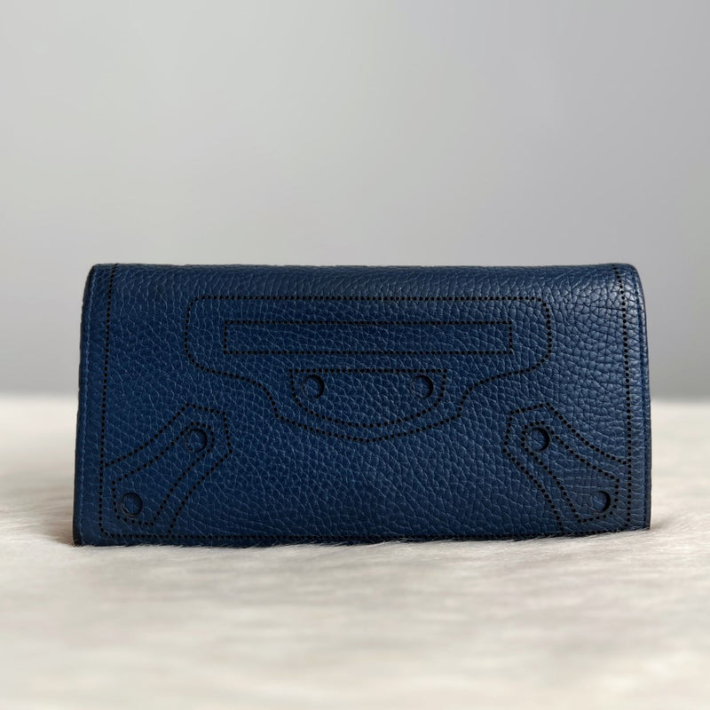 Balenciaga Navy Leather Signature Pattern Long Fold Wallet