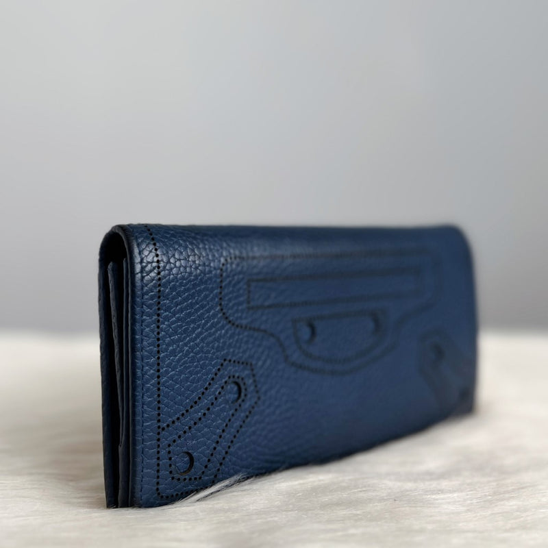 Balenciaga Navy Leather Signature Pattern Long Fold Wallet