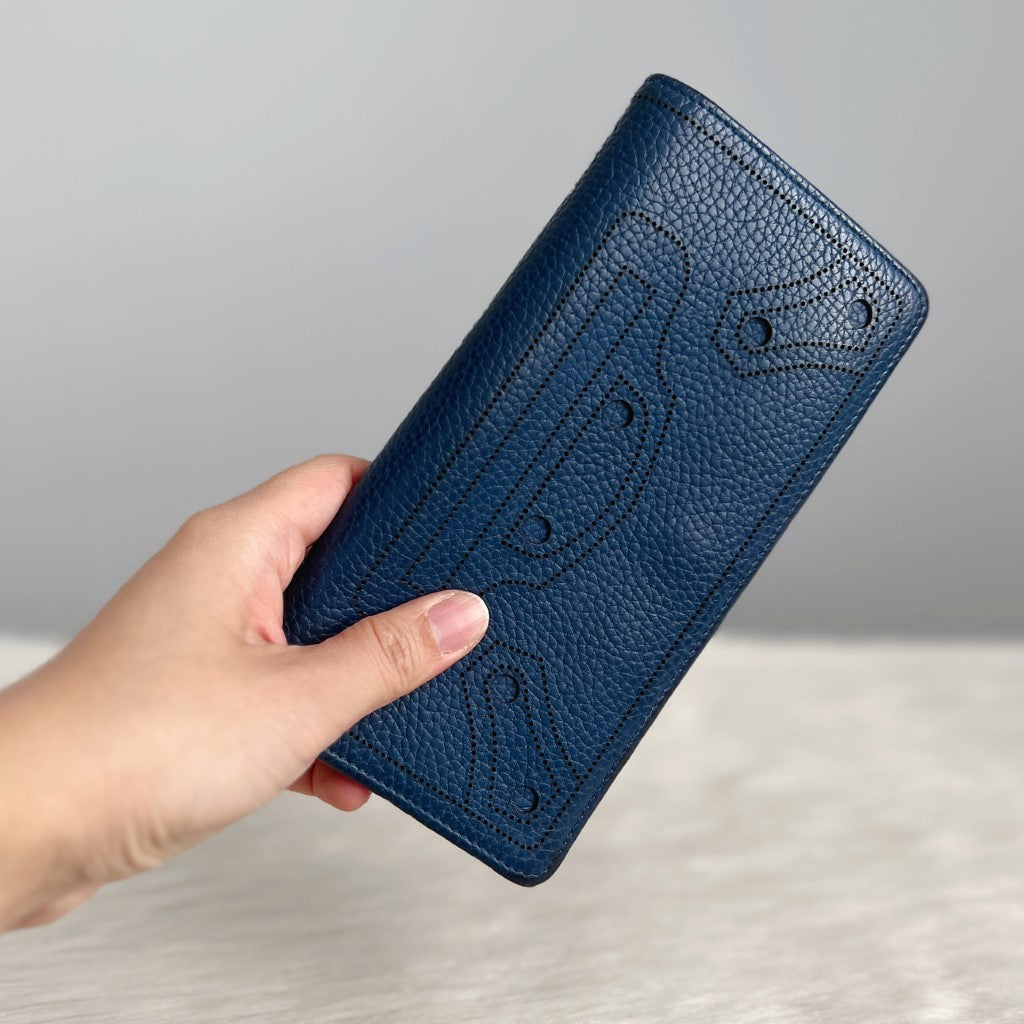 Balenciaga Navy Leather Signature Pattern Long Fold Wallet