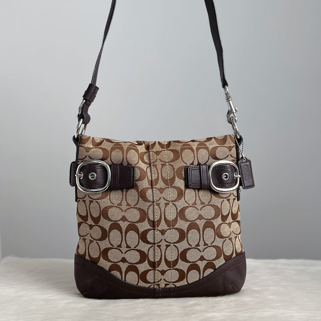 Coach Chocolate Leather Trim Buckle Detail Crossbody Shoulder Bag