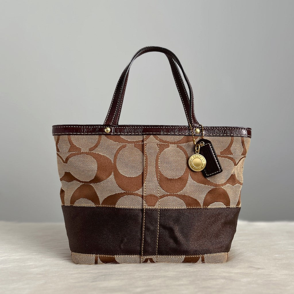 Coach Chocolate Leather Trim Monogram Small Tote Bag