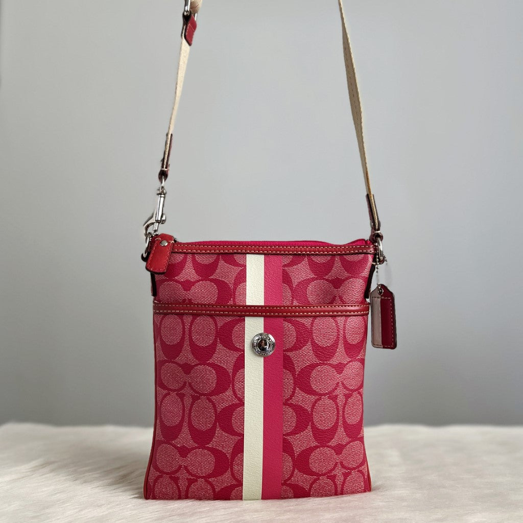 Coach Fuchsia Monogram Stripe Detail Small Crossbody Shoulder Bag