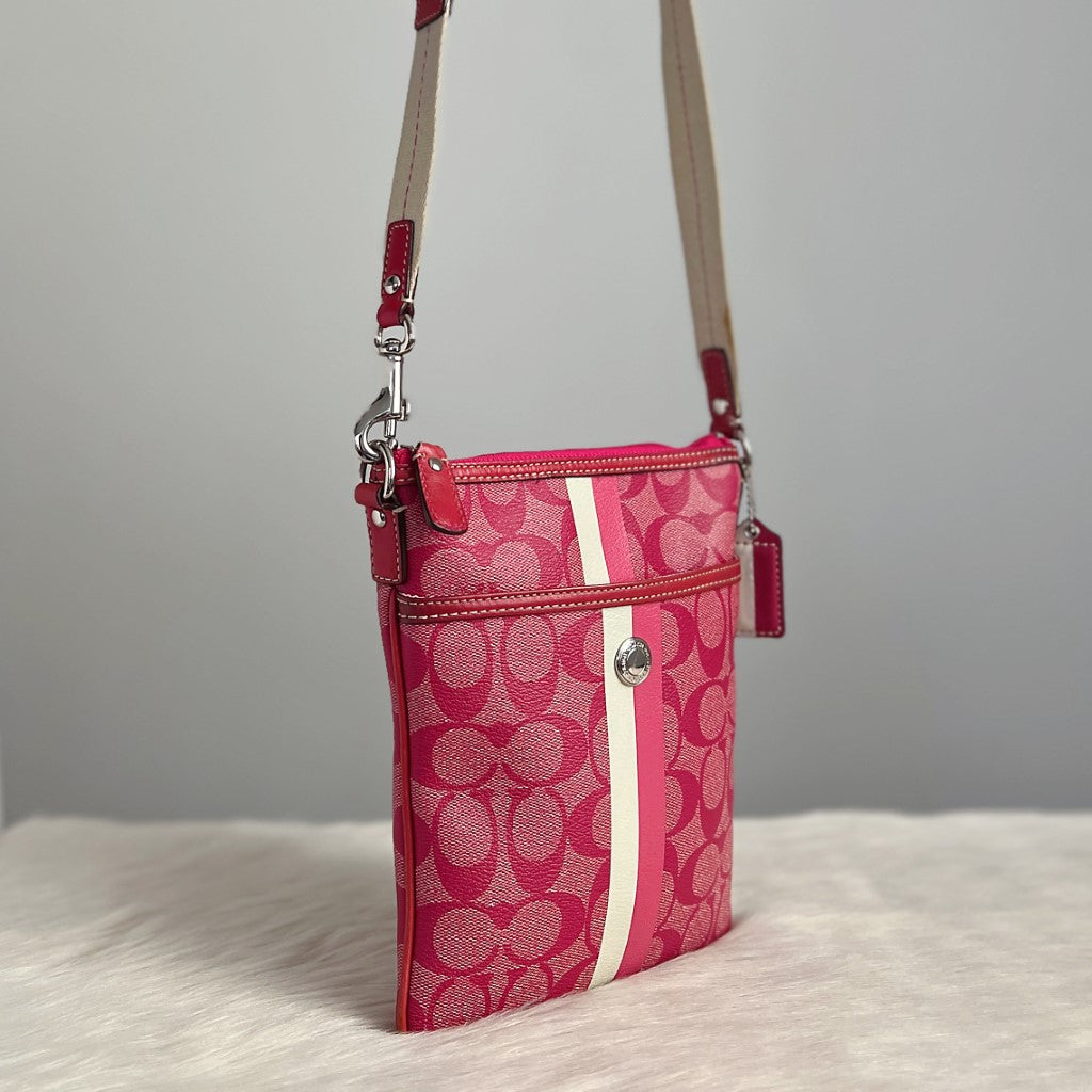 Coach Fuchsia Monogram Stripe Detail Small Crossbody Shoulder Bag