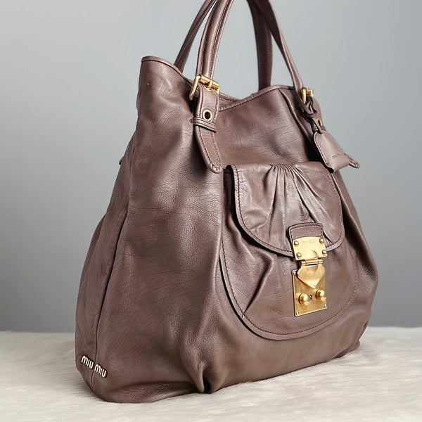 Miu Miu Taupe Leather Signature Buckle Large 2 Way Shoulder Bag