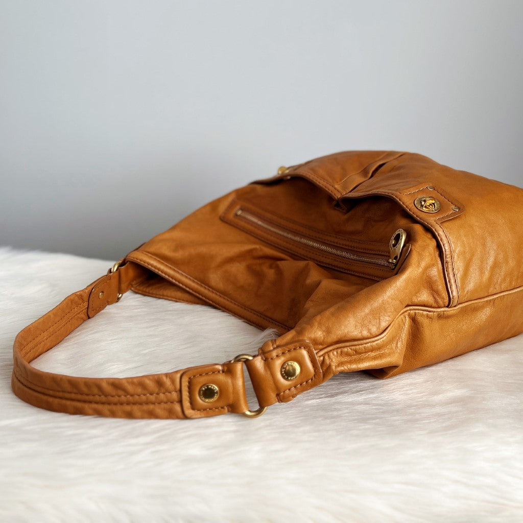 Marc Jacobs Caramel Leather Front Pocket Large Shoulder Bag