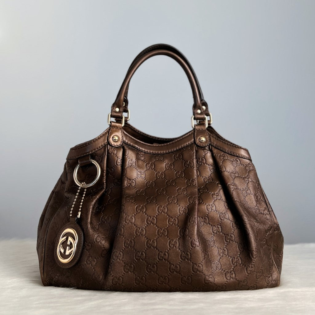 Gucci Signature Double G Bronze Leather Shoulder Bag