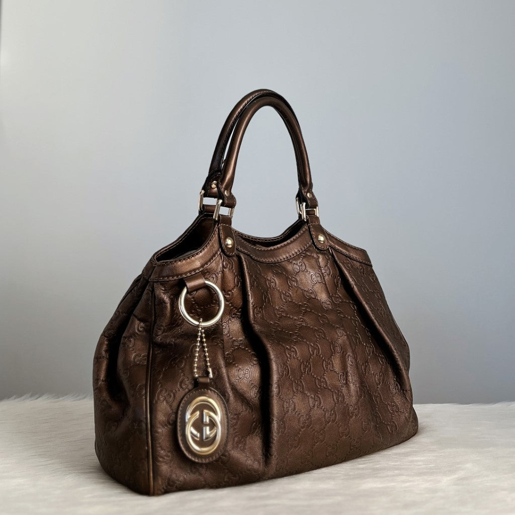 Gucci Signature Double G Bronze Leather Shoulder Bag