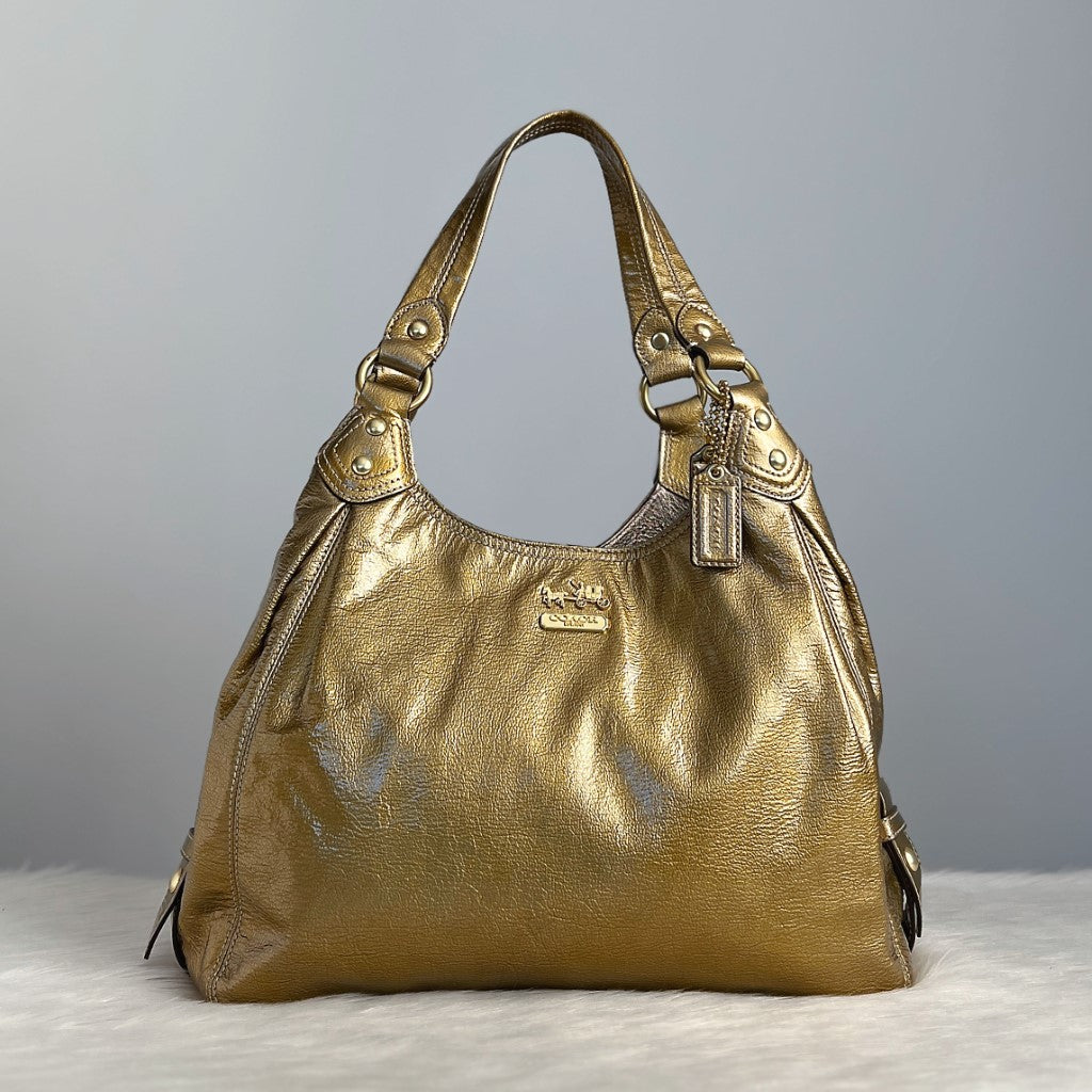 Coach Gold Patent Leather Triple Compartment Shoulder Bag