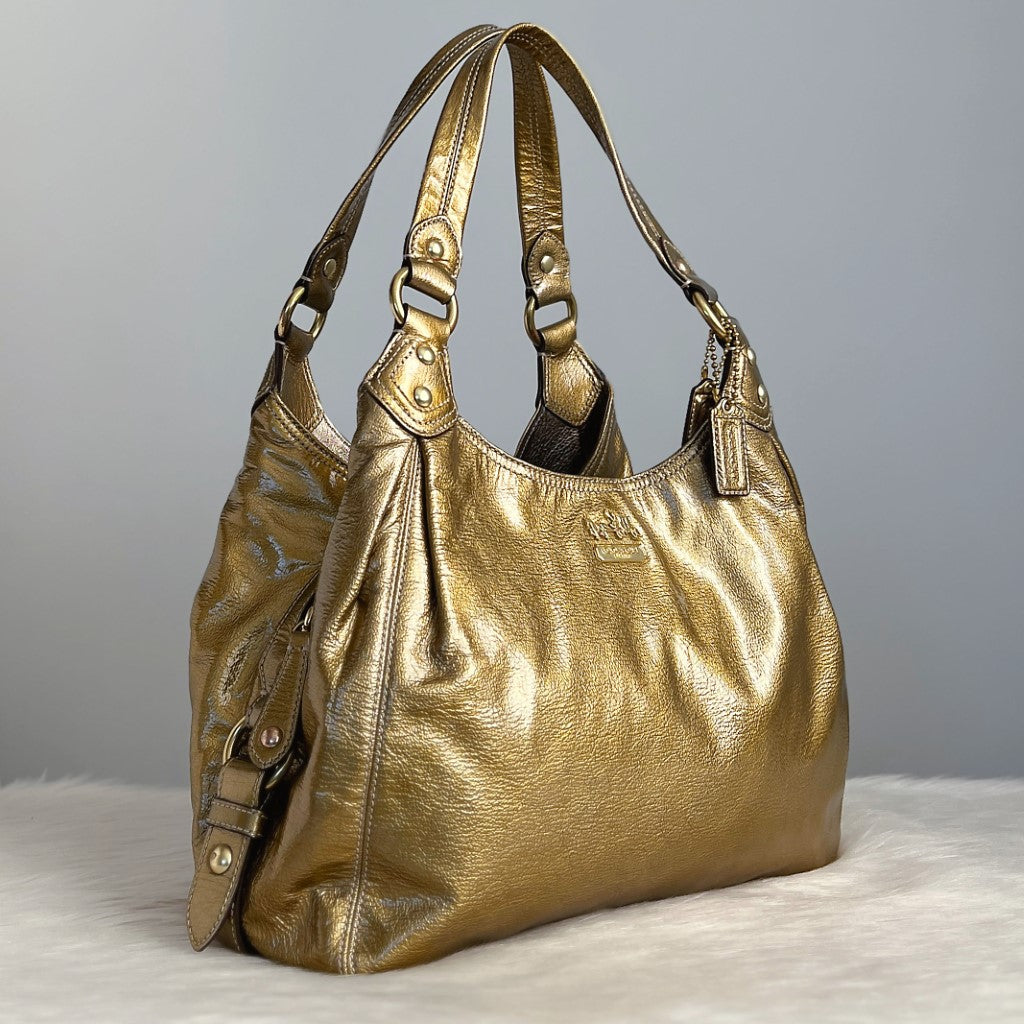 Coach Gold Patent Leather Triple Compartment Shoulder Bag