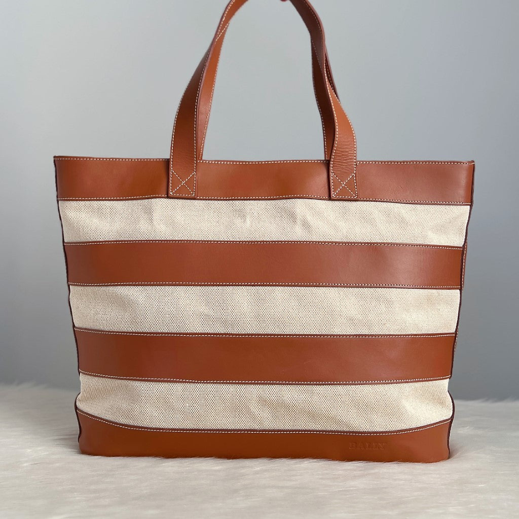 Bally Caramel Leather Stripe Holiday Large Shoulder Bag