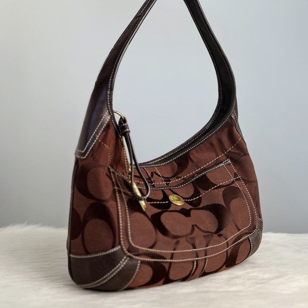 Coach Brown Signature Monogram Half Moon Shoulder Bag