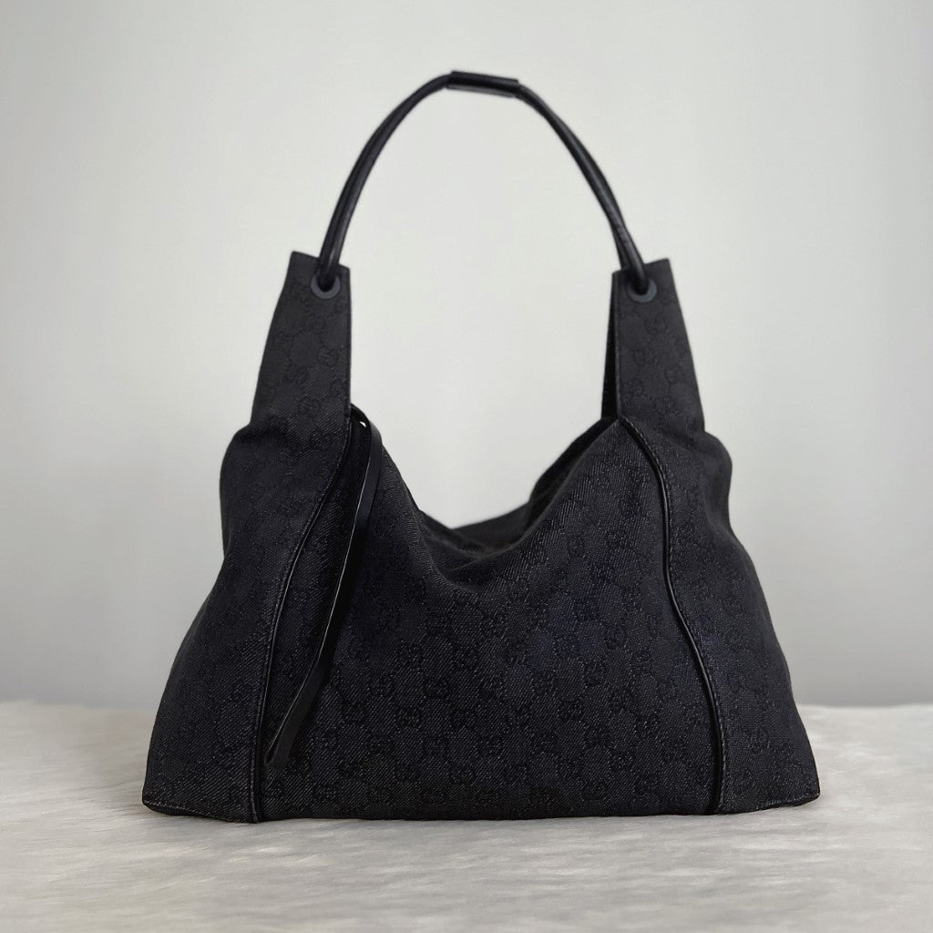 Gucci Black Denim Signature Double G Monogram Shoulder Bag