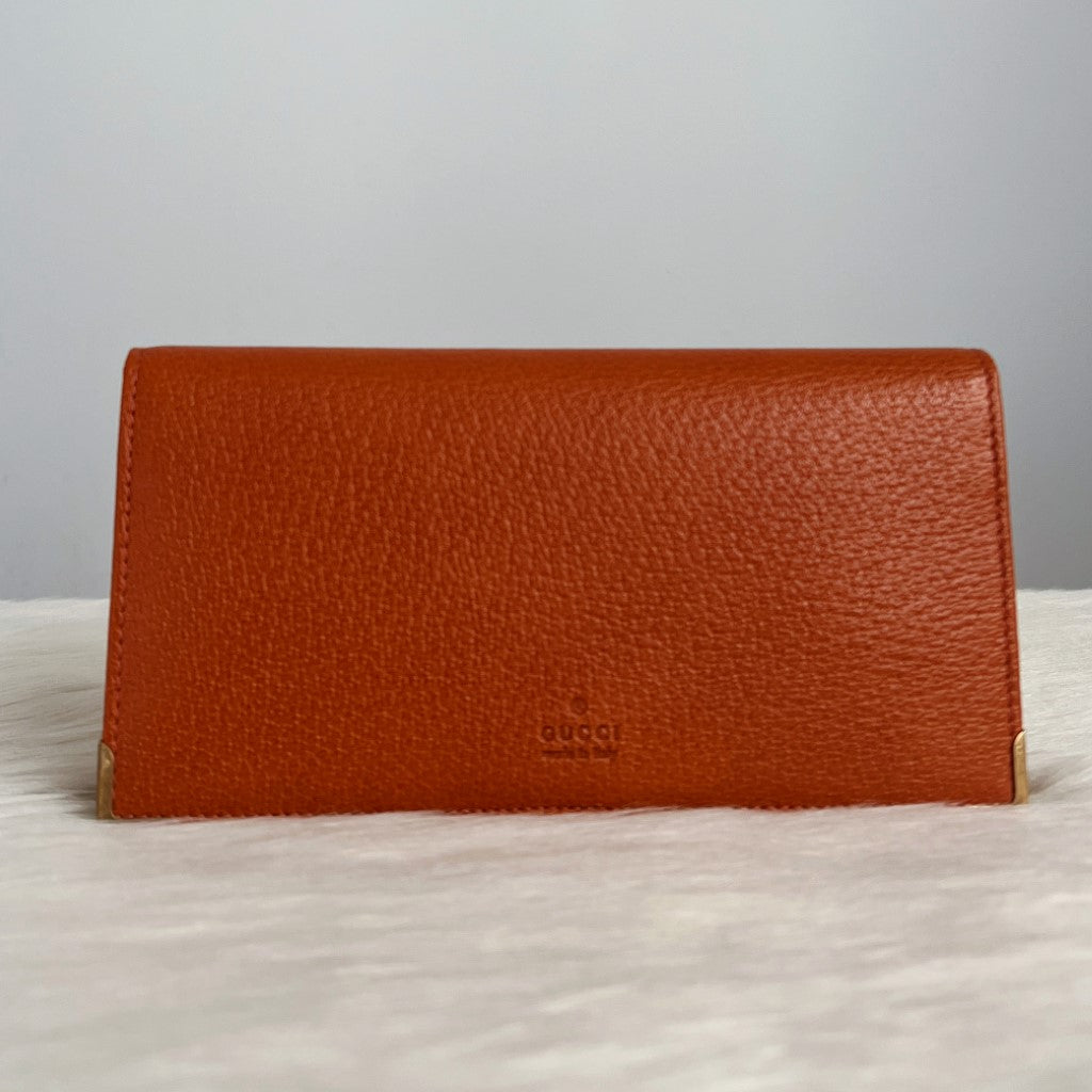 Gucci Brown Leather Bifold Zip Compartment Long Wallet Excellent