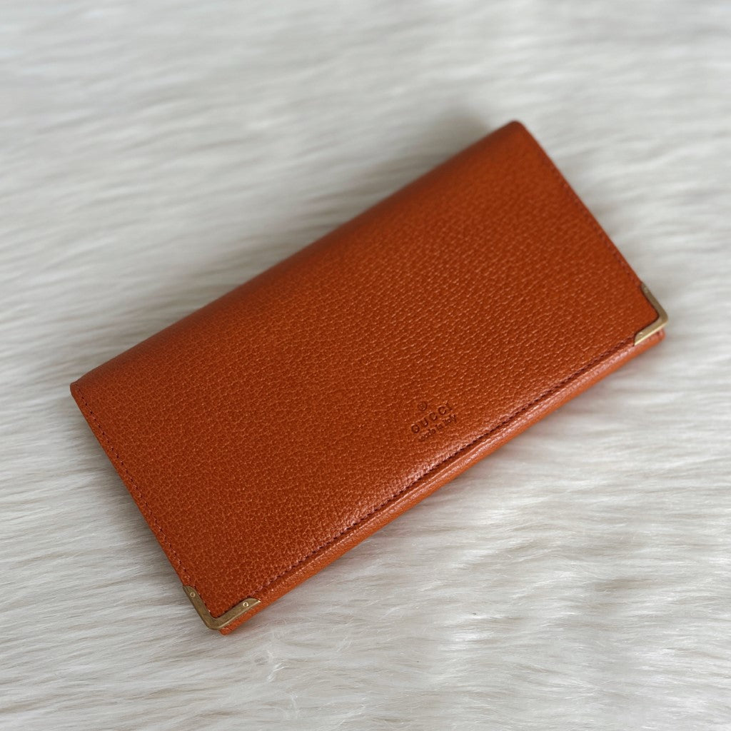 Gucci Brown Leather Bifold Zip Compartment Long Wallet Excellent