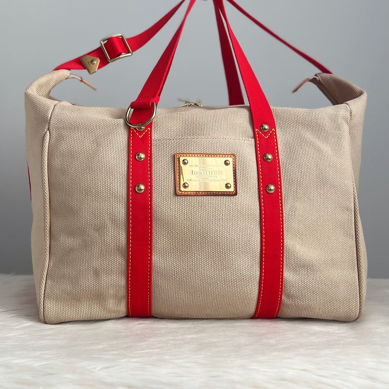 Louis Vuitton Vintage Beige And Red Canvas Antigua Sac Weekend Bag