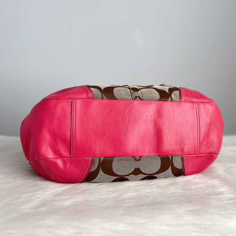 Coach Fuchsia Leather Trim Monogram Triple Compartment Shoulder Bag