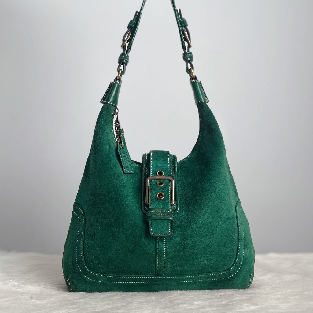 Coach Green Suede Front Buckle Shoulder Bag