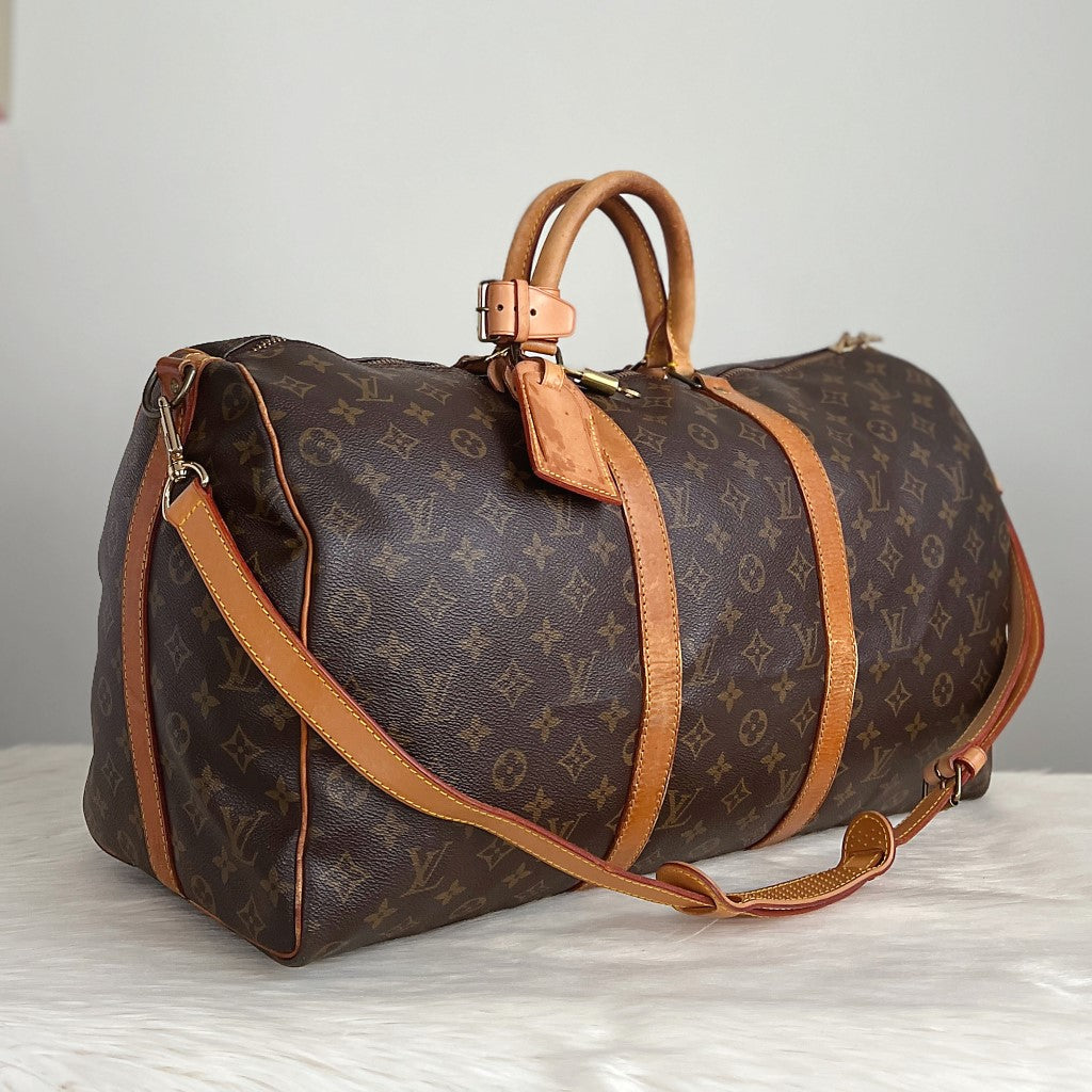 Louis Vuitton Signature Monogram Bandouliere Keepall 50 Travel Bag Full Set