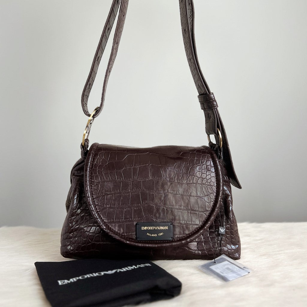 Emporio Armani Chocolate Leather Flap Shoulder Bag New with Tags