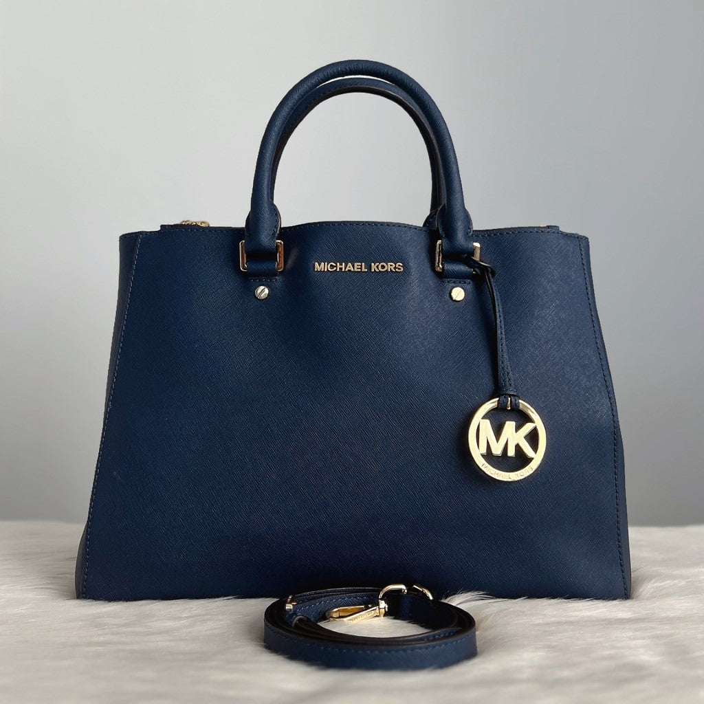 Michael Kors Navy Leather Front Logo Large 2 Way Shoulder Bag