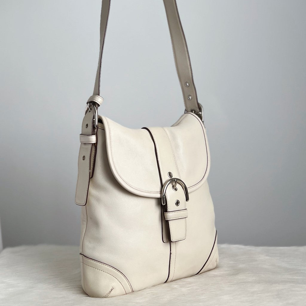 Coach Creamy Leather Buckle Flap Crossbody Shoulder Bag