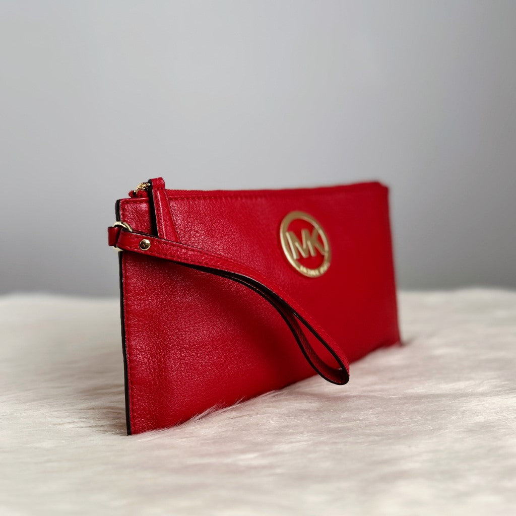 Michael Kors Red Leather Front Logo Clutch Bag