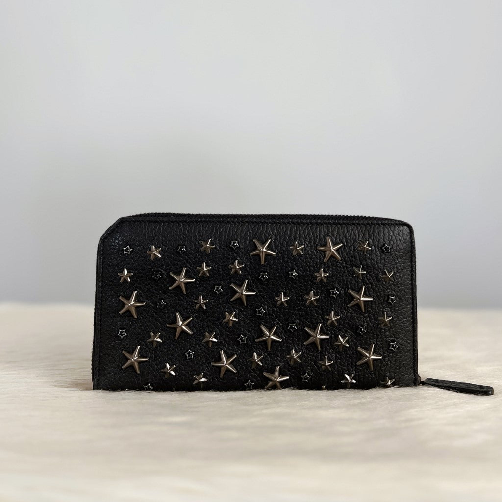 Jimmy Choo Black Leather Star Studs Zip Compartment Long Wallet Excellent