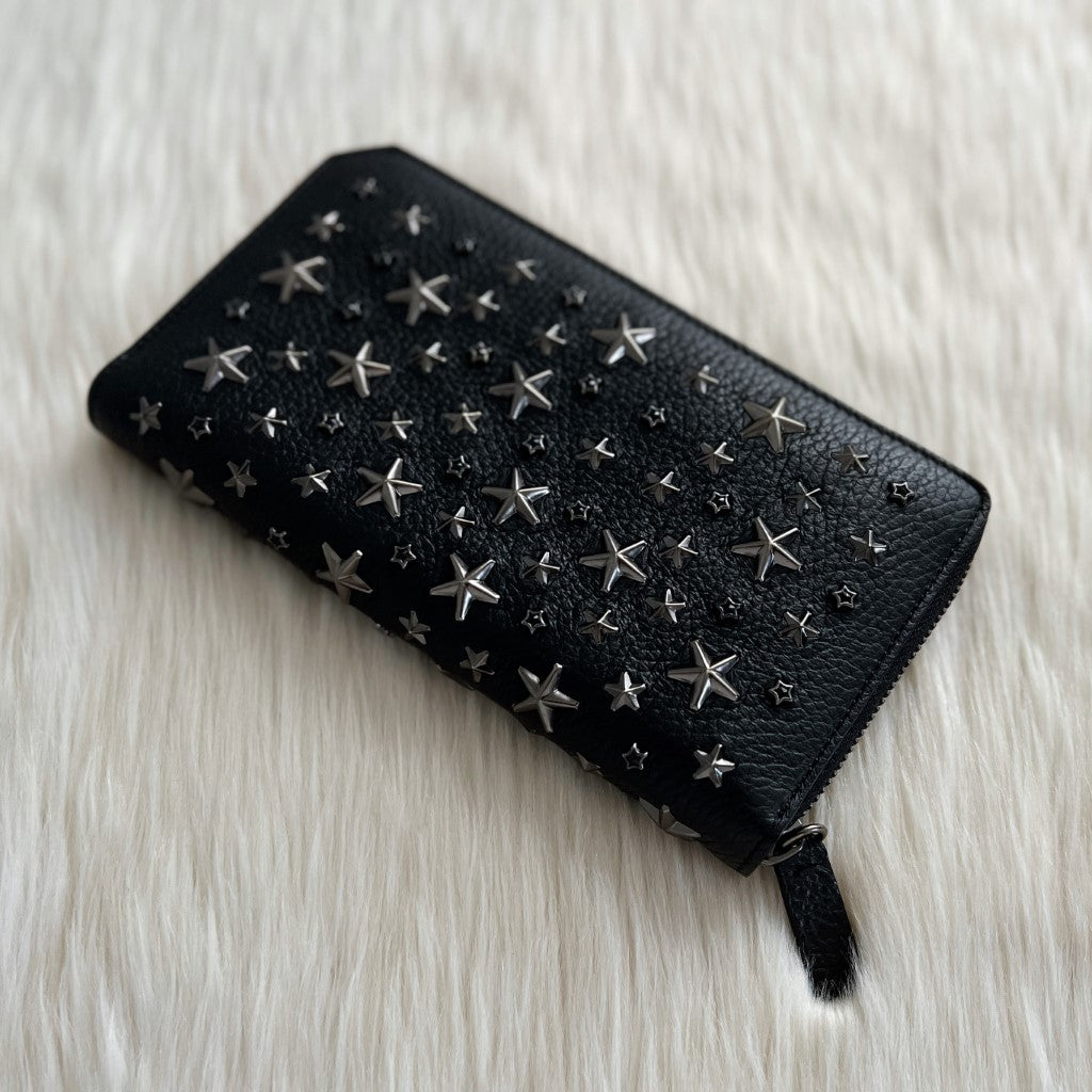 Jimmy Choo Black Leather Star Studs Zip Compartment Long Wallet Excellent