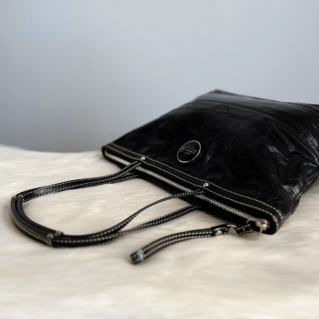 Coach Patent Black Leather Front Logo Shoulder Bag