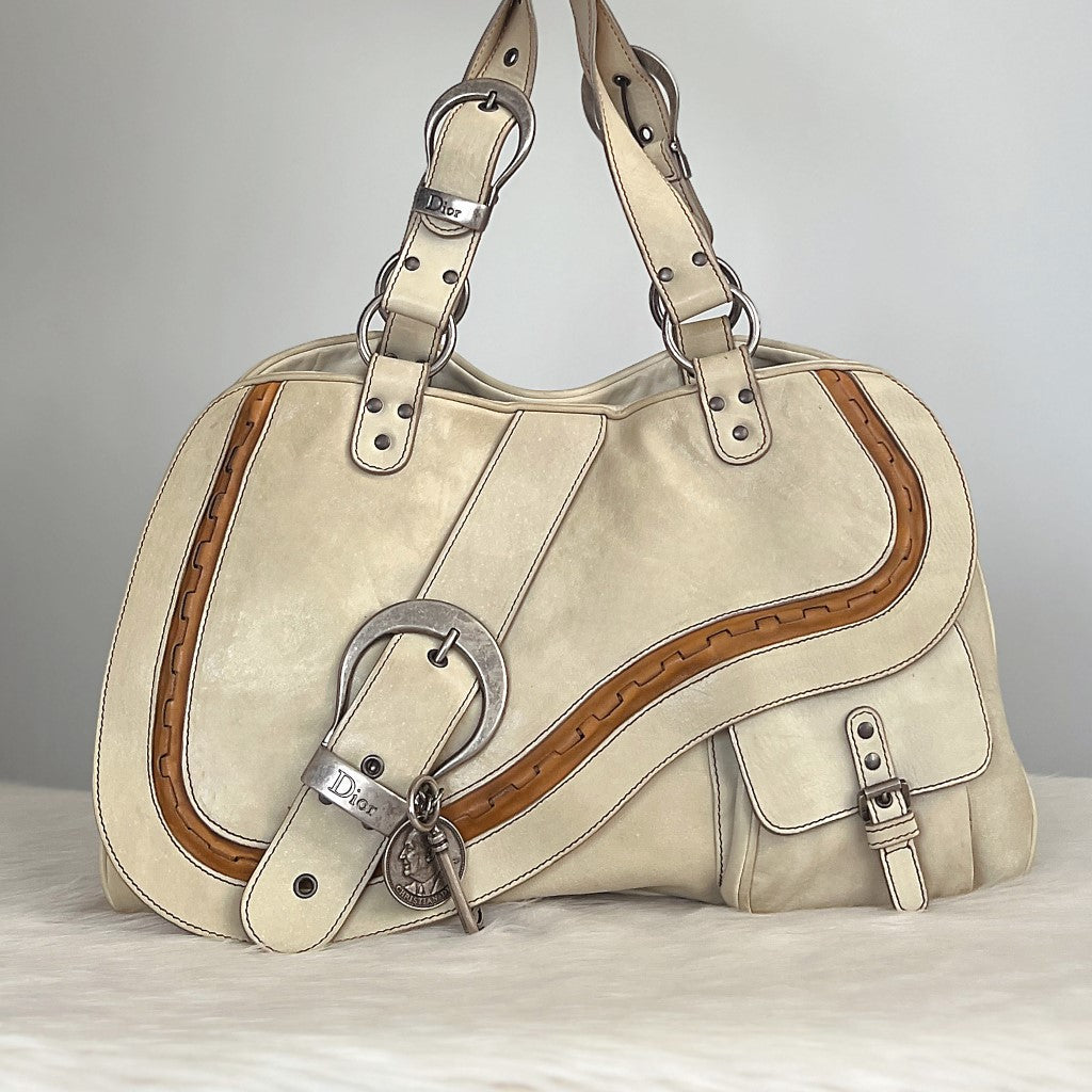 Christian Dior Cream Leather Signature Gaucho Saddle Shoulder Bag