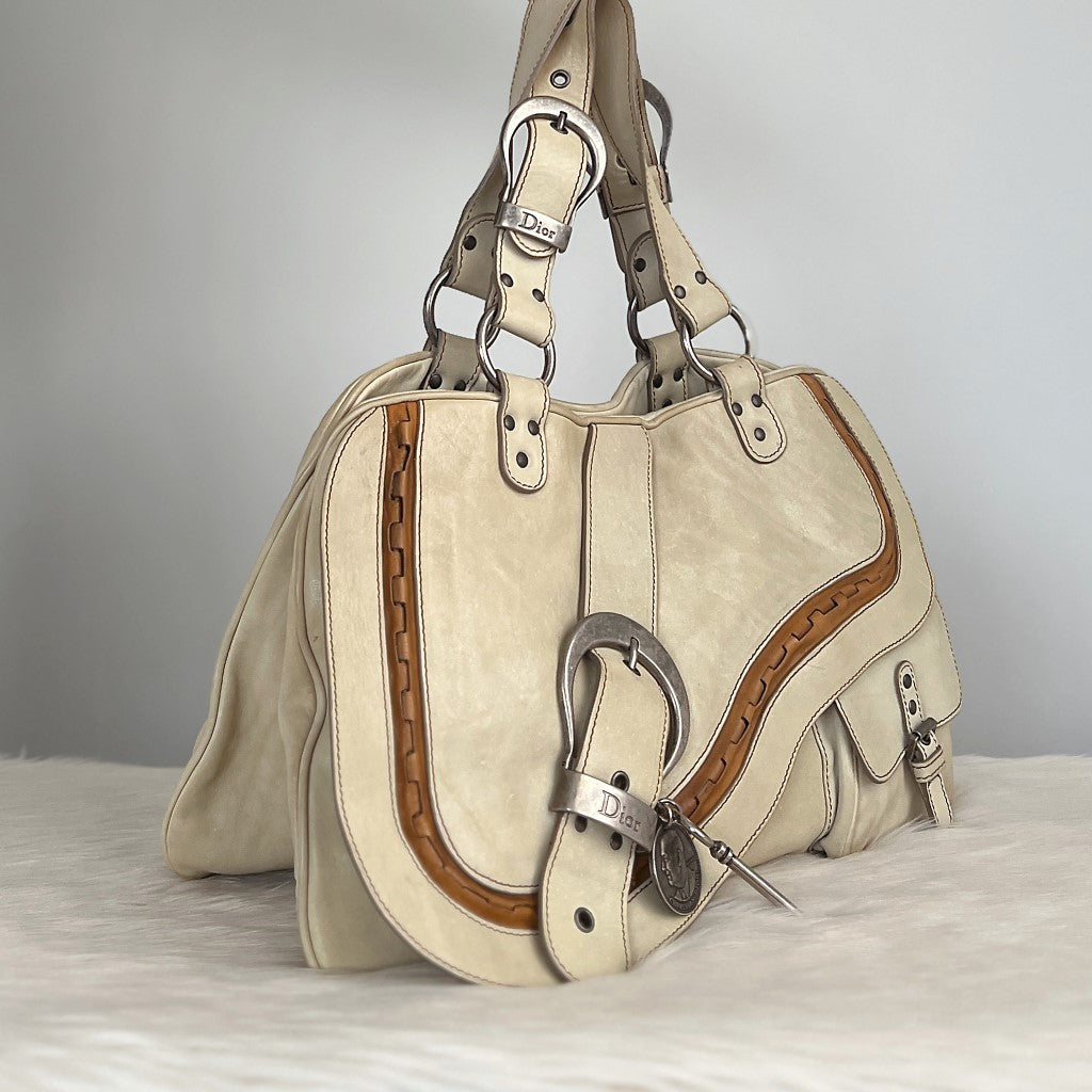 Christian Dior Cream Leather Signature Gaucho Saddle Shoulder Bag