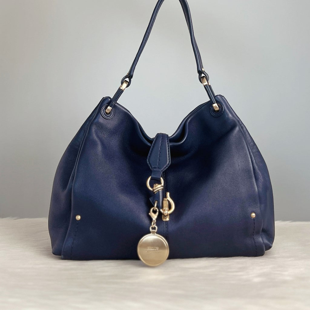 Bally Navy Leather Front Charm Detail Shoulder Bag