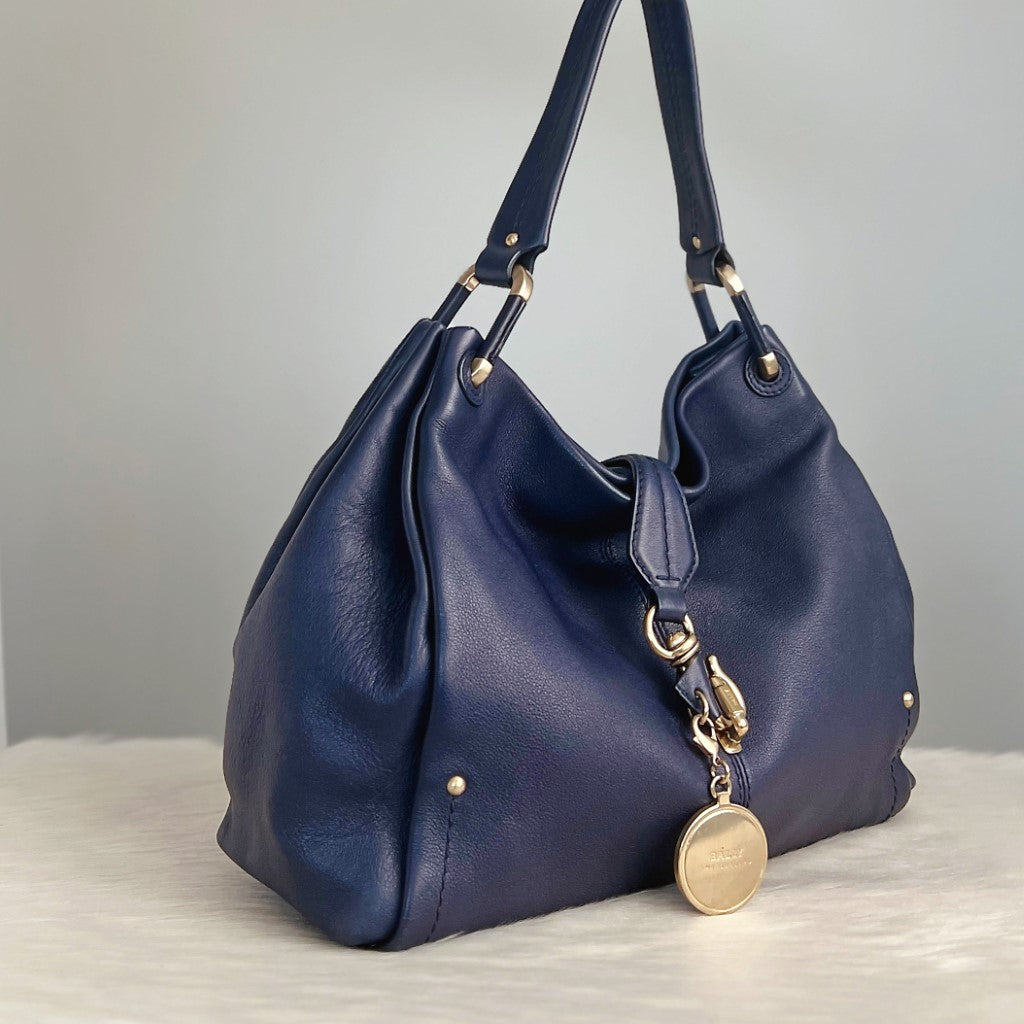 Bally Navy Leather Front Charm Detail Shoulder Bag