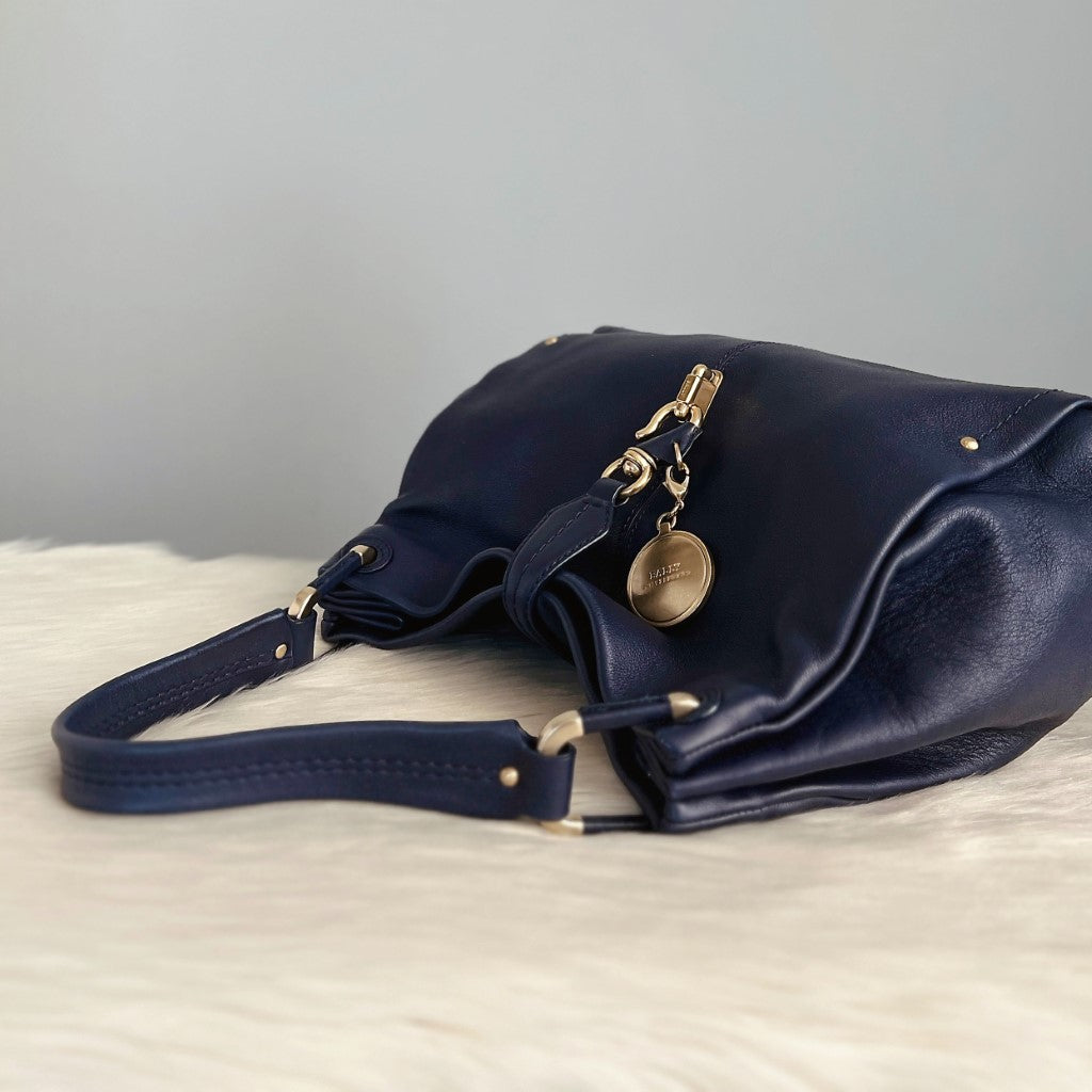 Bally Navy Leather Front Charm Detail Shoulder Bag