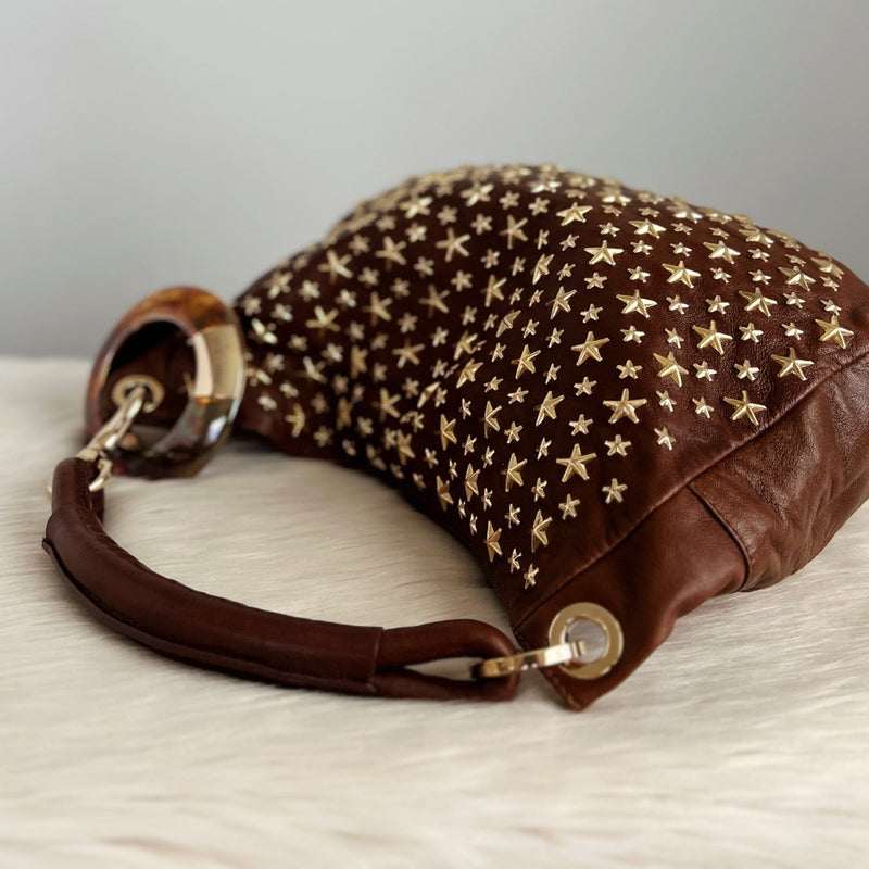 Jimmy Choo Signature Brown Leather Solar Studded Hobo Shoulder Bag Excellent