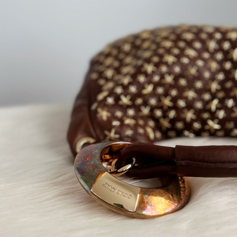 Jimmy Choo Signature Brown Leather Solar Studded Hobo Shoulder Bag Excellent
