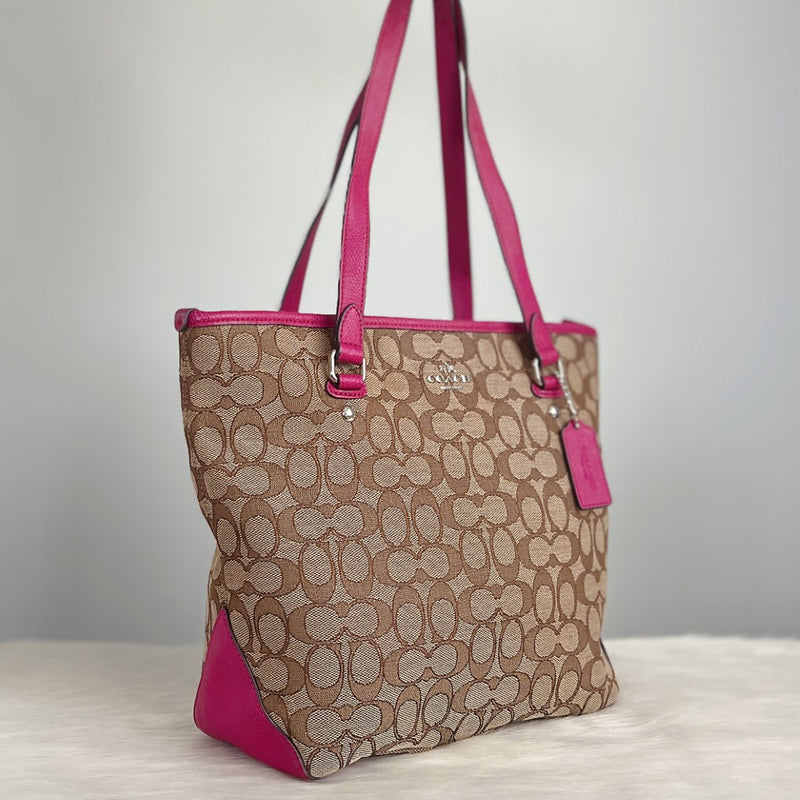 Coach Fuchsia Leather Trim Monogram Shopper Shoulder Bag