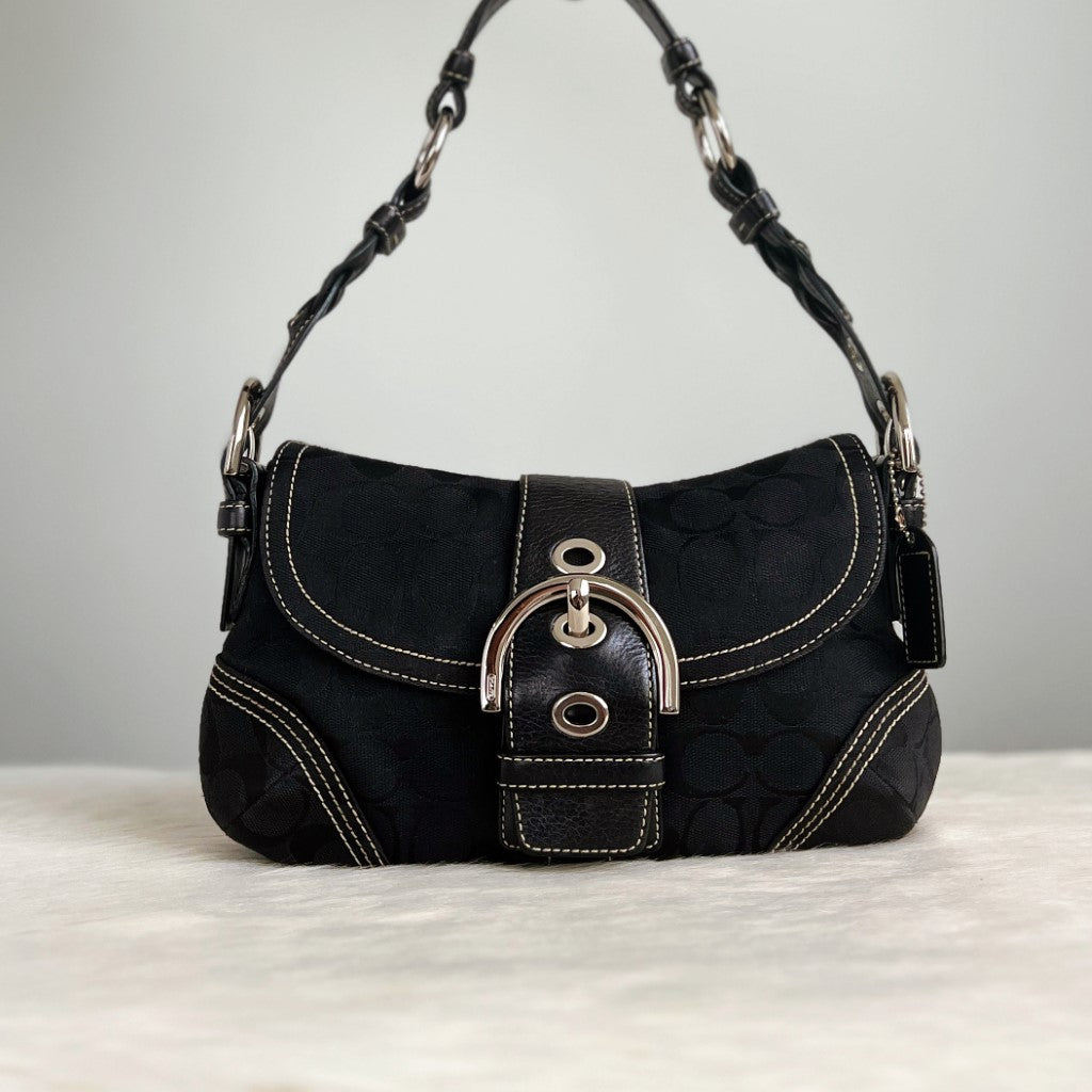 Coach Black Signature Monogram Front Buckle Shoulder Bag