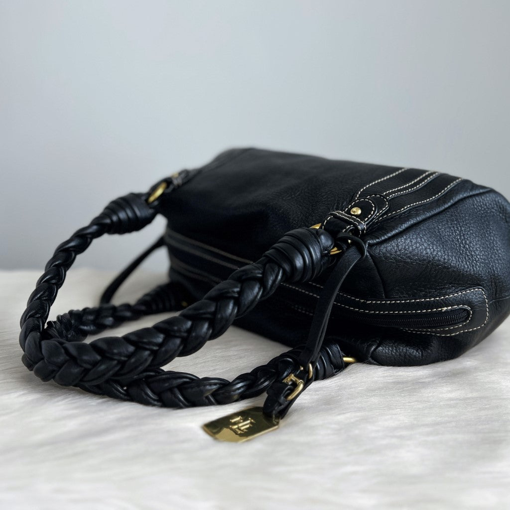 Ralph Lauren Black Leather Pleated Strap Shoulder Bag Excellent