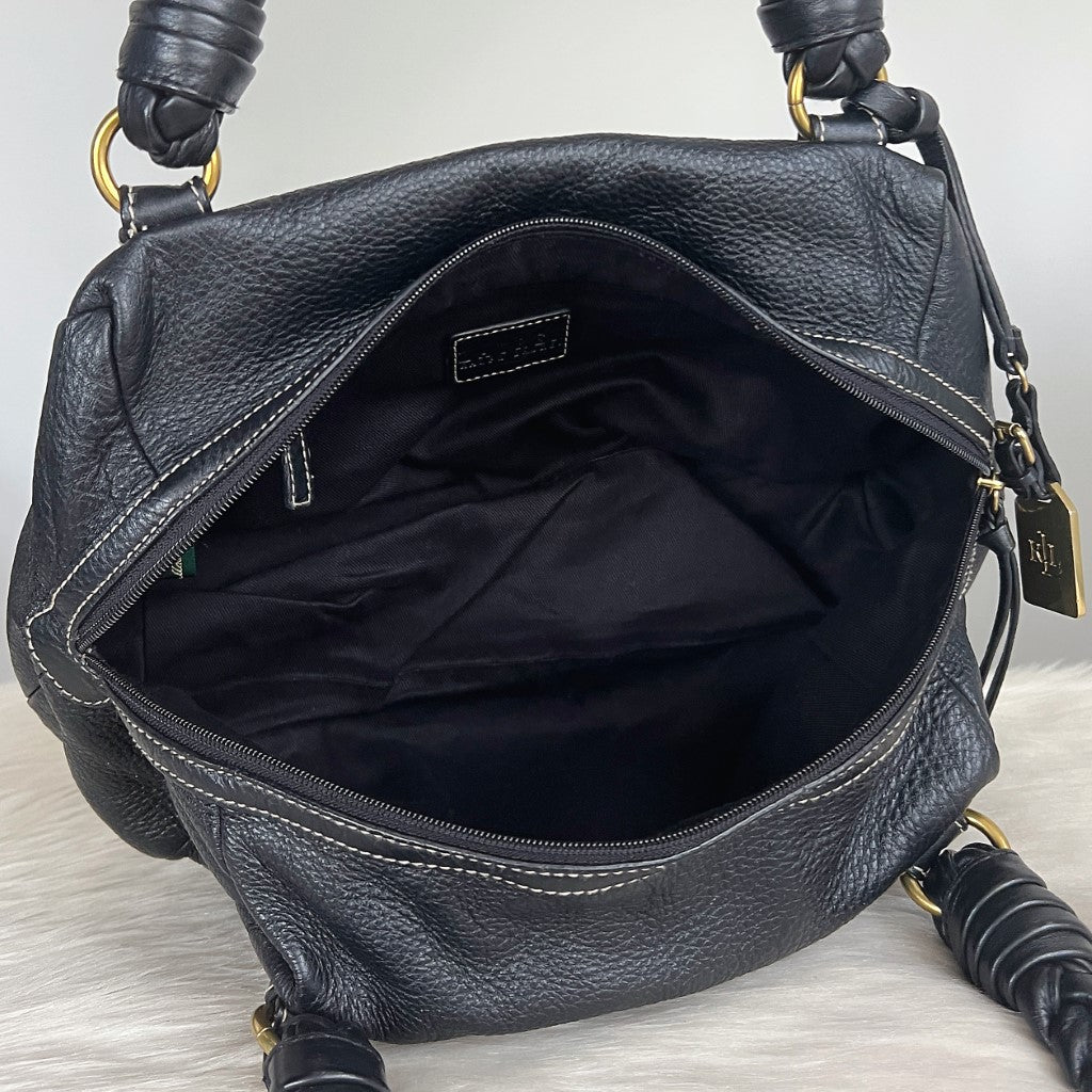 Ralph Lauren Black Leather Pleated Strap Shoulder Bag Excellent