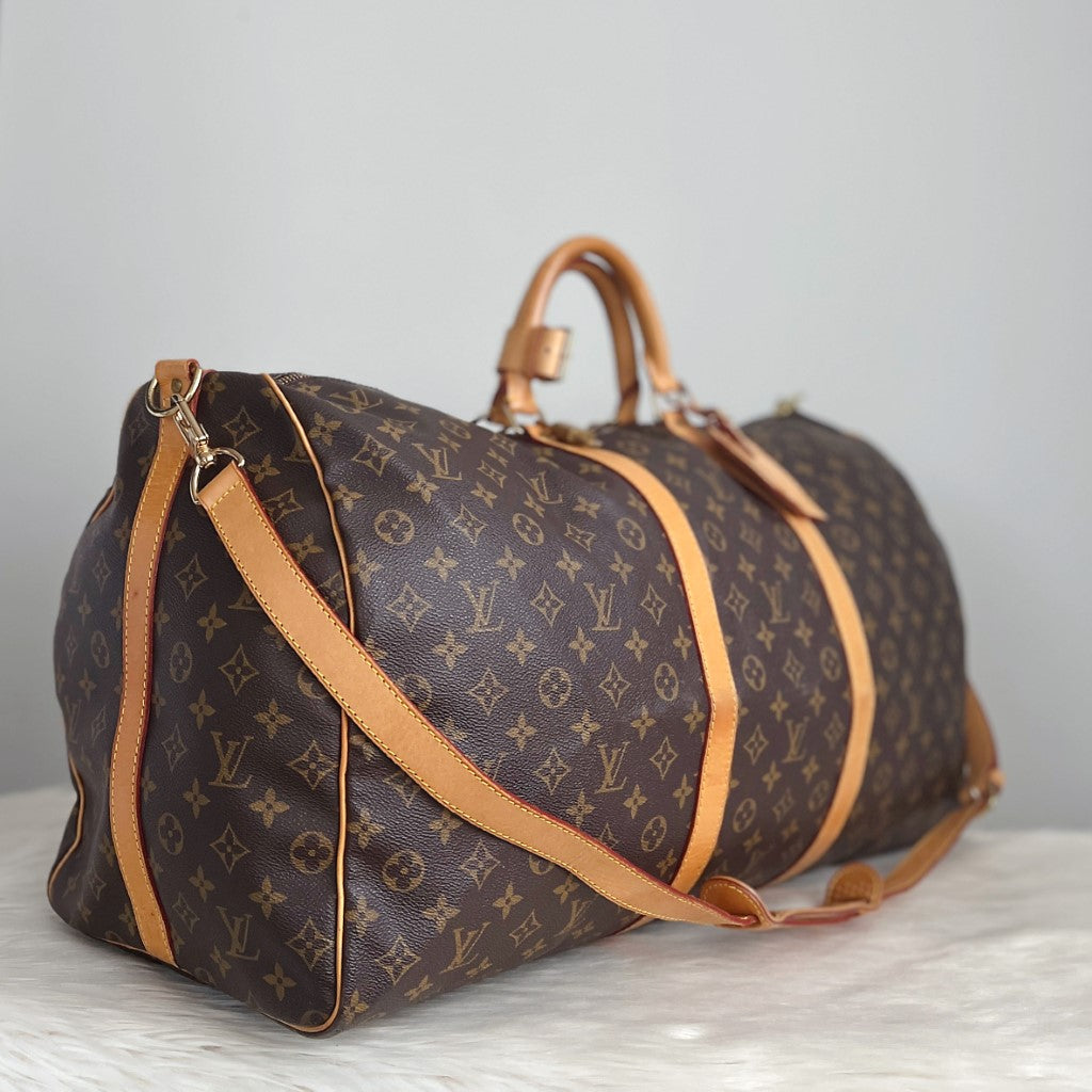 Louis Vuitton Signature Monogram Bandouliere Keepall 60 Travel Bag Full Set