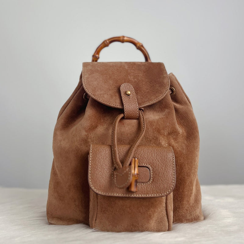 Gucci Signature Bamboo Mocha Suede Backpack