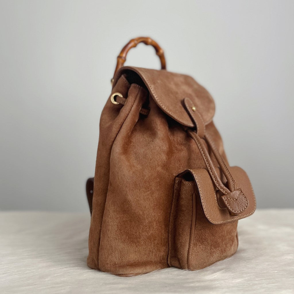 Gucci Signature Bamboo Mocha Suede Backpack