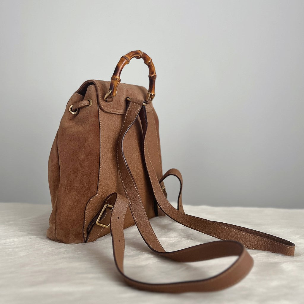 Gucci Signature Bamboo Mocha Suede Backpack