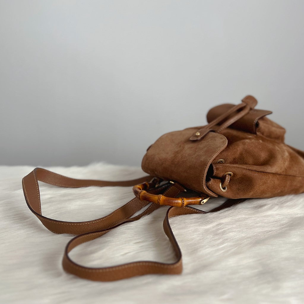 Gucci Signature Bamboo Mocha Suede Backpack