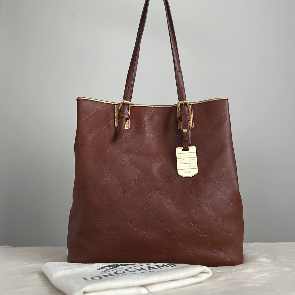 Longchamp Brown Embossed Leather Career Shoulder Bag Excellent