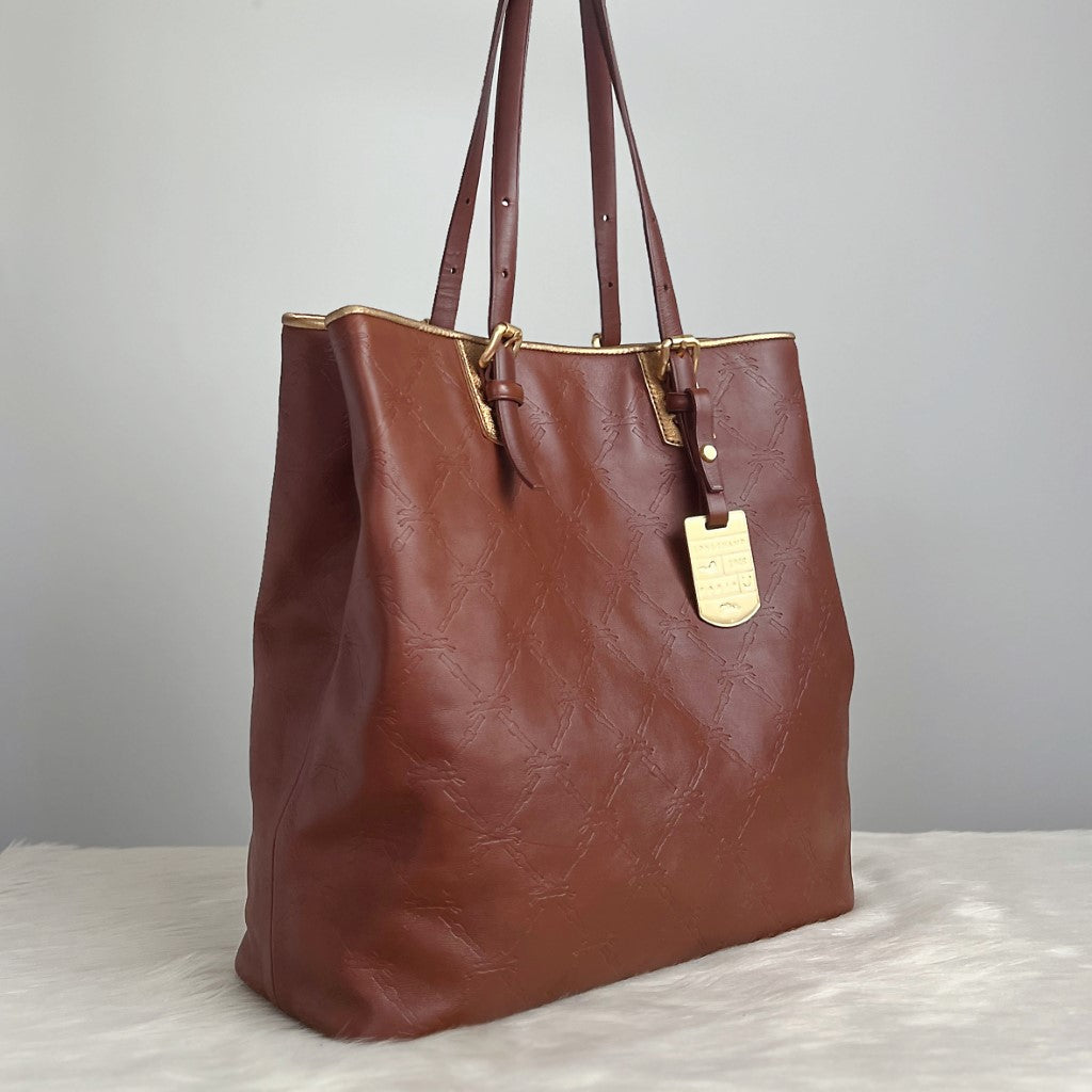 Longchamp Brown Embossed Leather Career Shoulder Bag Excellent