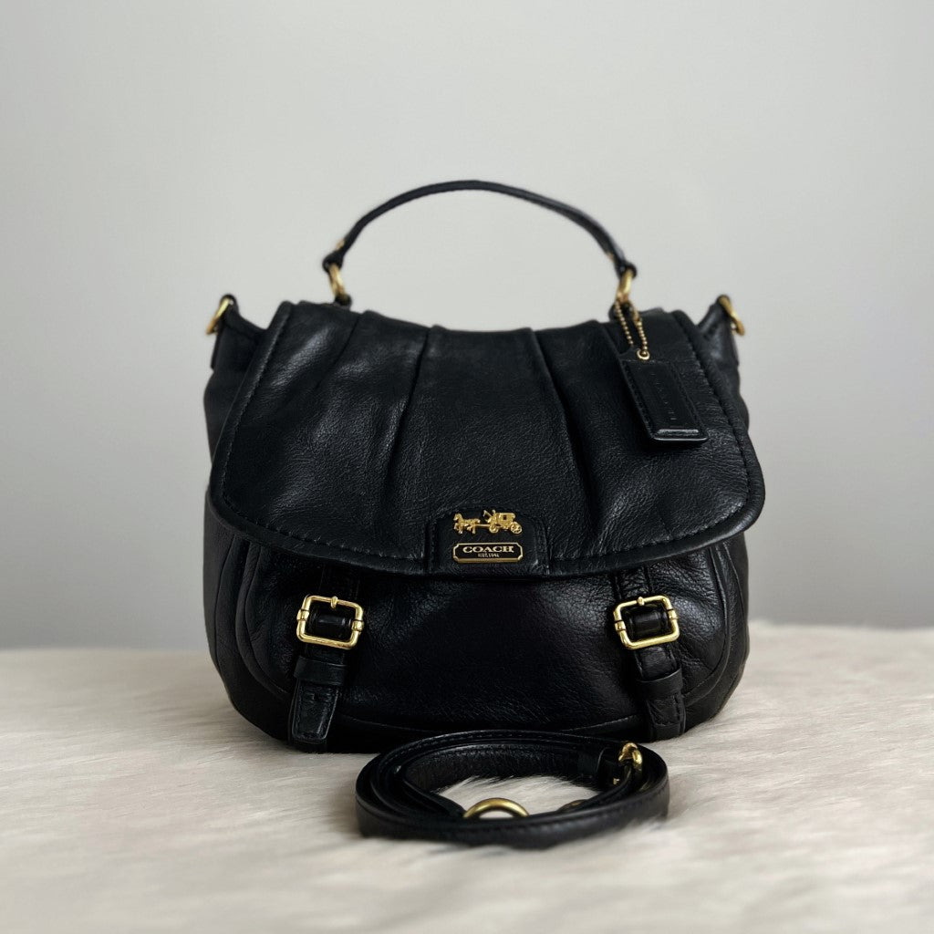 Coach Black Leather Flap Buckle 2 Way Shoulder Bag